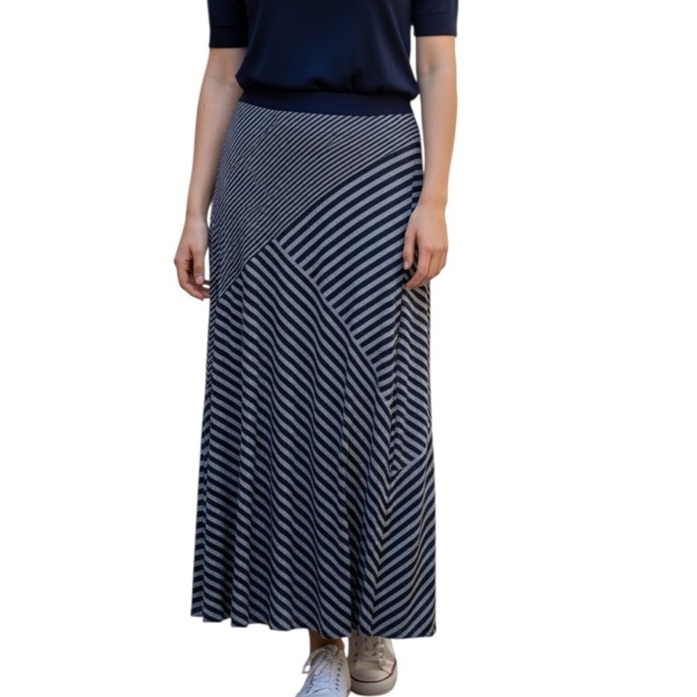 Dex Navy and White Asymmetrical Stripe Maxi Skirt